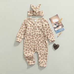 2 st Blommor Nyfödda Rompers Casual Outfits Toddler Flower Print Pit Bar Långärmad Rundhals Jumpsuit + Bowknot Headband