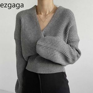 EZGAGA Escritório Senhora Criss-Cross V-Cross Sweater V-Neck Pullover Mulheres Chic Quente Sólido Manga Longa Solta Senhoras Tops Knitwear Jumper 210430