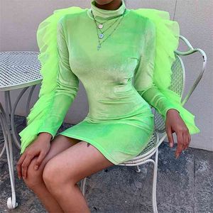 OMSJ Mesh Ruffles Patchwork Long Sleeve Bodycon Dress Clubwear Vetement Femme Autumn Winter Sexy Party Streetwear Dresses 210517