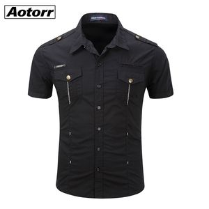 Men Military Uniform Short-sleeve Dress Cotton Shirts Work Casual Tops Male Button-down Patch Chest Pocket Lapel 210809