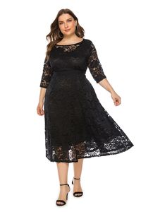 Women Casual Evening Dresses Plus Size Lace Scooped Neckline Half Sleeve Cocktail Wedding Midi Dress