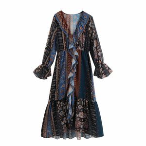 Evfer Women Fashion Bohemian Print Patchwork Za Long Dress Chic Lady V-Neck Sleeve Pleated Ruffles High Waist Chiffon 210421