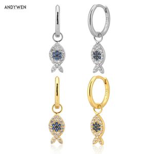 Andywen 925 Sterling Silver 8.5mm Ryba Wisiorek Niebieski Oko Charm Drop Kolczyk Kobiety Moda Biżuteria Ślubna Piercing Pendiente 210608