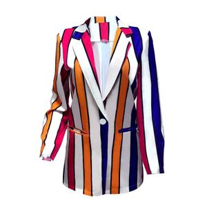 Kobiety Pasiaste Blazers Jesień Z Długim Rękawem Ladies Kurtki Eleganckie Work Topy Przyciski Businsuty Sportowe Płaszcze Streetwear X0721