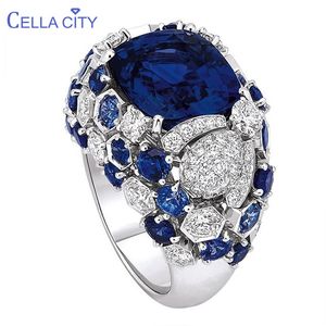 Celacity Classic Silver 925 Anel para Charme Mulheres com Oval Blue Sapphire Gemstones Fingle By Jewerly Atacado Tamanho 6-10 211217