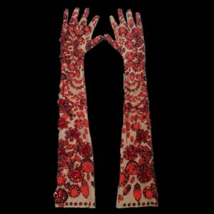 Wholesale womens long gloves resale online - Sparkling Red Floral Rhinestone Long Gloves Women Sexy Stretch Spandex Crystal Wedding Party Glove Stage Performance Accessories Five Finger