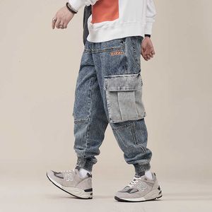 Japanska vintage mode män jeans lös passform retro blå stor pocket denim cargo byxor streetwear designer hip hop jogger byxor