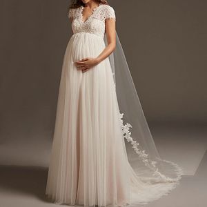 Vestido Noiva Bohemian Tulle Koronki Smoking Wedding Wedding Cap Rękaw Open Back Maternity Suknia Bridal dla Robe de Mariee