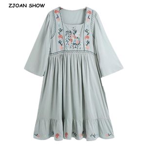 ボハスクエアカラーグレーの花柄刺繍女性ドレスホリデーフレアスリーブスプライスプリーツRuched Loose Midi Dresses Beach 210429