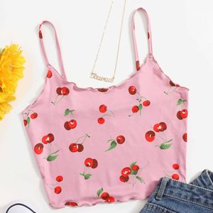 Sexig tank Top Pink Crop Tops Kvinnor Sommar Camis Camisole Fashion Cherry Print Casual Tube Top Kvinna Ärmlös Beskuren Väst Ny Y0622