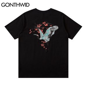 T-tröjor Japansk stil broderi Crane Cherry Blossoms Blommor Casual Bomull Tees Harajuku Hip Hop Streetwear Toppar 210602