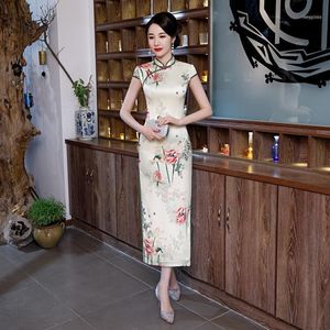 Ethnic Clothing Chinese Style Formal Dress Cheongsam Women Silk Satin Long Qipao Vintage Elegant Print Flower Cheongsam1