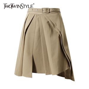 Plised Khaki Spódnica dla kobiet Wysoka talia Sashes Mini Casual Spódnice Kobiet Moda Odzież Lato 210521