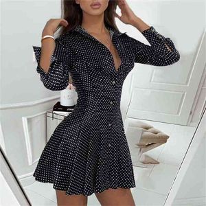 Women Black Polka Dot Pleated Dress Long Sleeve Turn-down Collar Elegant Fashion Female Autumn 210427