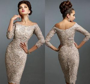 Off Dresses Scoop Full Lace 3/4 Long Sleeves Knee Length Sheath Plus Size Mother of the Bride Dress