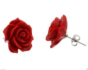 Biżuteria mody stadniny 12 mm Coral Red Rose Flower 925 Srebrne kolczyki