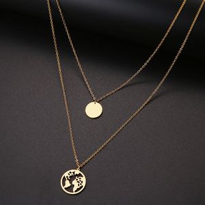 Round Hollow Multi Necklace Double Layers World Map Fashion Travel Lover Earth Day Gift Stainless Steel Jewelry