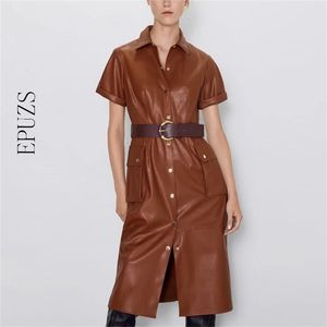 Vintage belt button PU leather dress women casual office club midi sexy ladies es winter korean full vestidos 210521