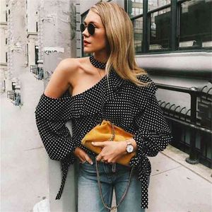 Polka dot blouse shirt women spring autumn one shoulder chiffon casual lace up tops female sexy ruffle 210427