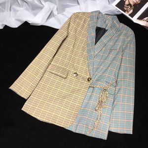 Spring Women Matching Lattice Side Lace Suit Jacket Vintage Contrast Color Check Ladies Office Blazer QB22 210510