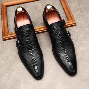 Couro genuíno Mens Loather sapatos artesanais monge festa de casamento vestido casual sapatos preto apontado toe calçado para homens oxford