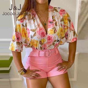 Jogoo Jolee Duas peças Set Mulheres Elegante Floral Impressão Longa Manga Blusas e Shorts Escritório Senhora Senhora Suits Beach Outfits 210518