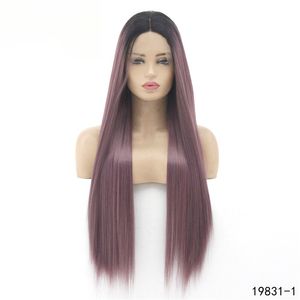 12 ~ 26 inç Uzun Sentetik Dantel Ön Peruk İpeksi Düz Ombre Renk Simülasyon İnsan Saç Peruk 19831-1