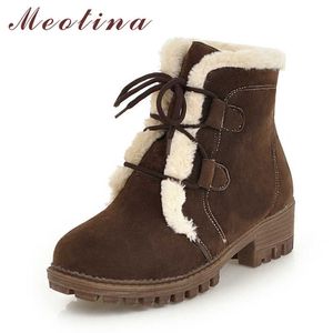 Meotina Damen-Stiefel, Stiefeletten mit hohem Absatz, runde Zehen, kurze Stiefel, Schnürung, dicker Absatz, Damenschuhe, warm, Winter, Braun, große Größe 43, 210608