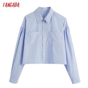Women Blue Striped Oversized Crop Shirts Long Sleeve Pocket Ladies High Street Blouses Top CE239 210416