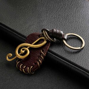 Wing Compass Music Symbol Keychain 2021 Fashion Vintage Brown Genuine Leather Charm Handwork Alloy Accessories Men Key Chain G1019