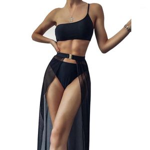 Solide 3er-Pack One-Shoulder-Bikini-Badeanzug mit Strandrock für Frauen Push-Up gepolsterte Bademode Sarong 2021 Badekleid Badeanzug Damen