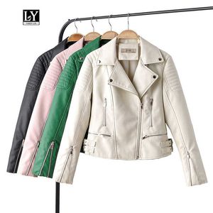 Ly varey lin faux couro macio jaqueta curta mulheres pu moto rivet zipper casacos básicos feminino preto rosa punk outerwear 210526