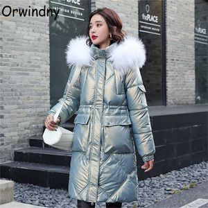Orwindny inverno casacos longos mulheres com capuz algodão acolchoado roupa fêmea grande bolsos parka quente plus size s-3xl jaquetas 211216