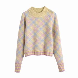 Evfer Women Fashion Jewellery Shoulder Autumn Sprint Za Plaid Knitted Pullover Tops Female Casual Long Sleeve O-Neck Sweaters Y1110