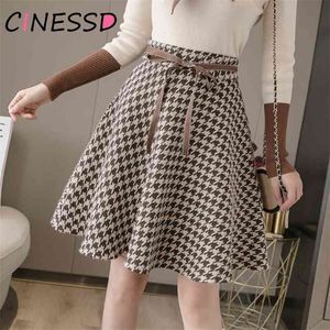 Vårkvinnor Houndstooth Kjol Koreansk Hög Midja Plaid Ull Casual A-Line Plus Size Mini Woolen Ball Gown Saias 210421