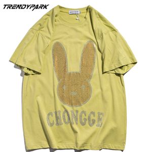 Homens Hip Hop T Shirt Diamante Coelho Streetwear Harajuku Tshirt Algodão Casual Manga Curta T-shirt Amarelo Cor Tops Tee 210601