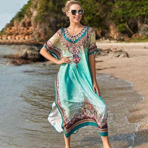 Plus Size Bikini Cover-ups Quick-drying Fabric Green Boho Printed Side Split Beach Wear Dress For Women Swim Suit Cover Up Q1172 210420