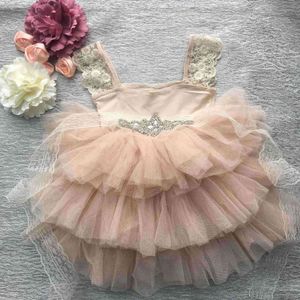 Retail Gorgeous Rhinestone Sashes Girl Evening Dress Baby Girl Lace Sling Princess Tutu Dress Kids Formell Kostym G1129