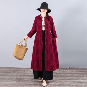 Johnature Autumn Winter Fashion Jacquard Embroderi Kvinnor Plus Size Coat Loose Comfortable Långärmad Retro Långa Coats 210521