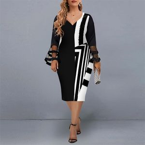 Women Dress Plus Size Elegant Mesh Stitching Color Block Long Sleeve es Black Autumn Mid Christmas Club Party 211122
