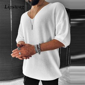 Jesień dorywczo sweter z dzianiny dla mężczyzn Pół rękaw V-Neck Solid Solid Bluzki Moda Slim Fit Swetry Mens Streetwear 211018