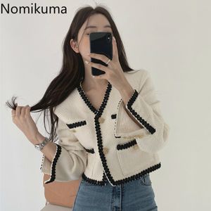 Nomikuma Korean Elegant V-neck Hit Color Women Coat Causal Muti-pockets Short Jacket Autumn New Long Sleeve Outwear 6C020 210427