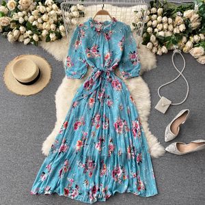 SINGREINY Frauen Bohemian Print Kleid Koreanische Retro Puff Sleeve Gürtel A-linie Kleid Sommer Casual Urlaub Strand Langes Kleid 210419