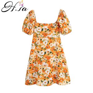 HSA Kvinnor Sommarklänning Kortärmad Hög midja Orange Backless Bow Slips Midi Knä Längd Vestidos Beach Style Holiday Robe Boho 210716