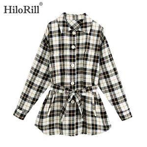 Vintage Plaid Shirt Jacket Women Batwing Long Sleeve Loose Tops Ladies Turn Down Collar Sashes Coat Outerwear 210508