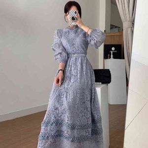 Arrival Elegant Runway Crochet Lace Women's Lantern Sleeve Stand Collar A Line Long Dress With Belt vestidos 210416