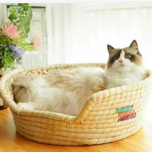 Cat Beds & Furniture Round Pet Cushion Bed Creative Handmade Woven Kitten Sleeping Four-Season Universal Cats Couch Basket Nest Supplies