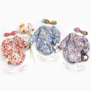 Born Baby Girls Floral manica lunga vestiti pagliaccetti + fascia per capelli primavera autunno bambino tute 0-3 anni 210429