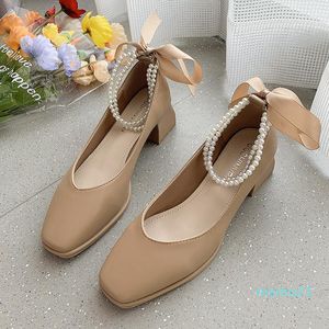 Dress Shoes Autumn Spring Women Square Toe String Bead Pumps Cross-tied High Heels Back Bowtie Ankle Strap Ladies