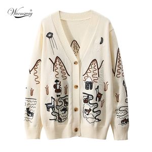 Spring High Quality Fashion Embroidery V-hals Overdized Cardigan Long Sleeve Single Breasted Button Sticked tröja C-092 210917